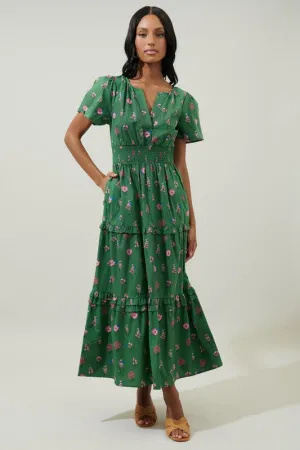 Green W/ Flowers Poplin Tiered Maxi Dress