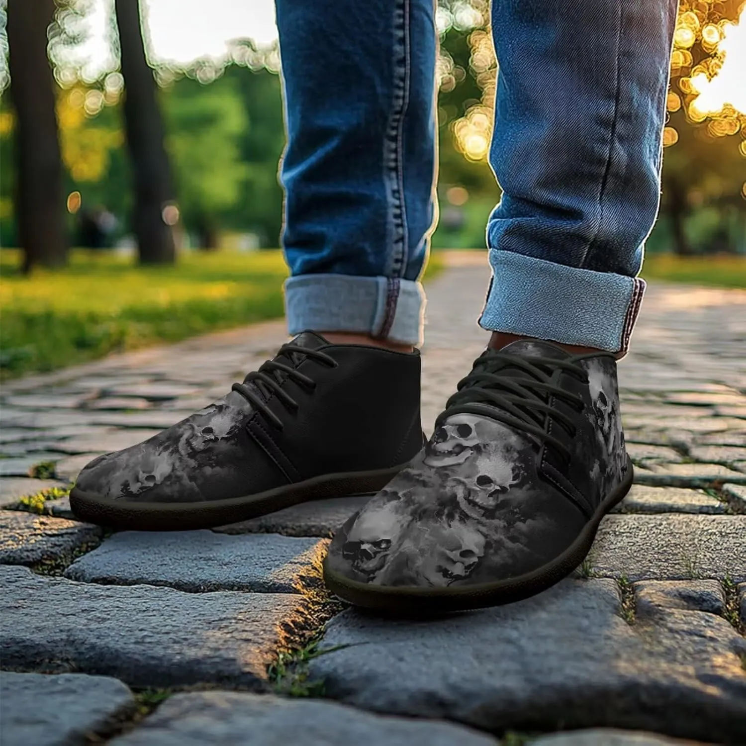 Jeiento Men's Gothic Skull Walking Shoes Wide Toe Barefoot Shoes Zero Drop Casual Sneakers