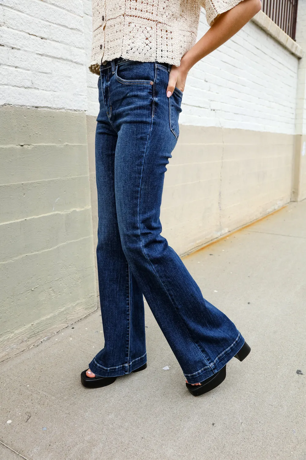 Judy Blue High Rise Trouser Flare Dark Wash Denim Jeans - Online Only!