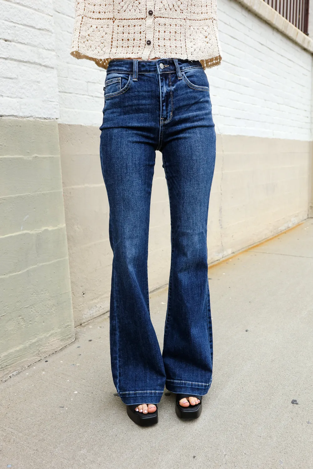 Judy Blue High Rise Trouser Flare Dark Wash Denim Jeans - Online Only!