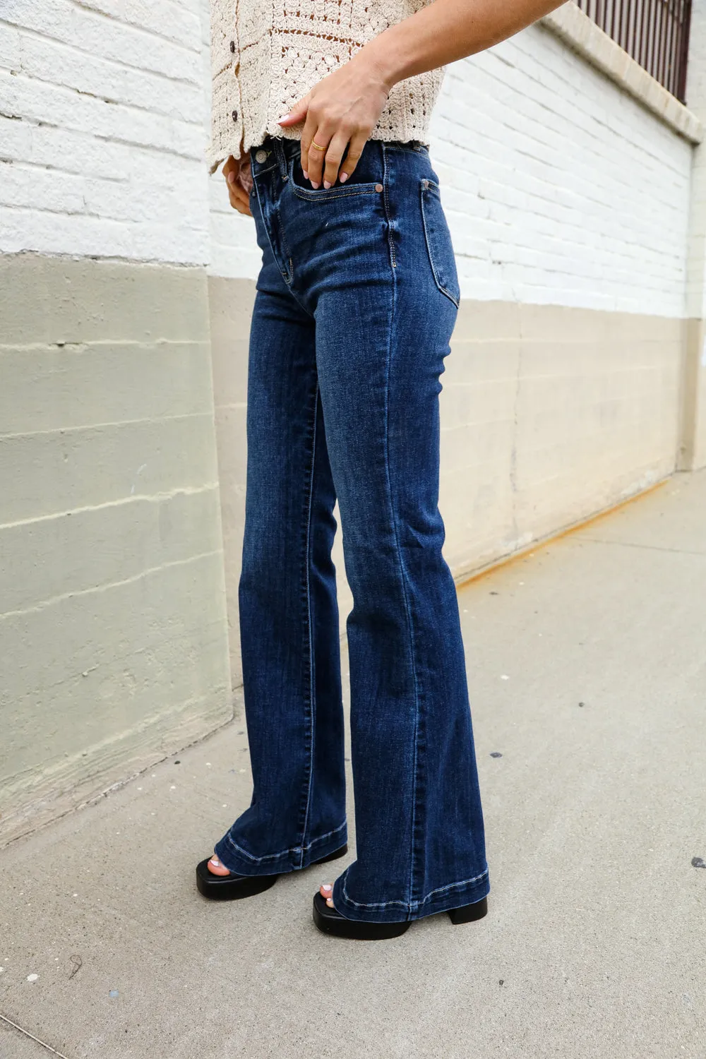 Judy Blue High Rise Trouser Flare Dark Wash Denim Jeans - Online Only!
