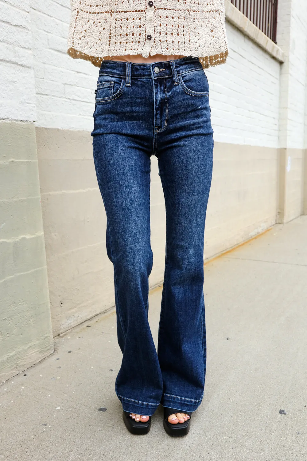Judy Blue High Rise Trouser Flare Dark Wash Denim Jeans - Online Only!