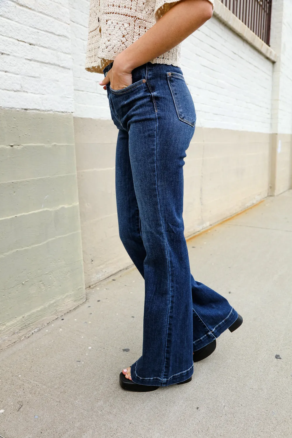 Judy Blue High Rise Trouser Flare Dark Wash Denim Jeans - Online Only!