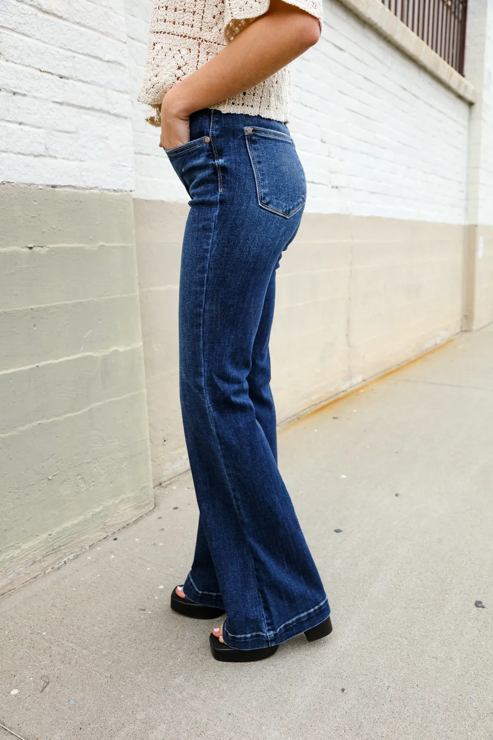 Judy Blue High Rise Trouser Flare Dark Wash Denim Jeans - Online Only!