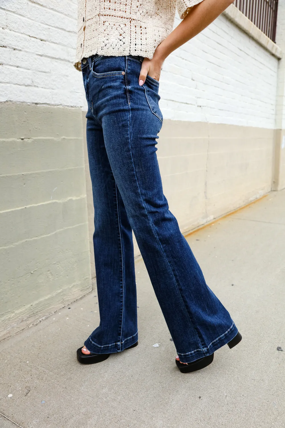 Judy Blue High Rise Trouser Flare Dark Wash Denim Jeans - Online Only!