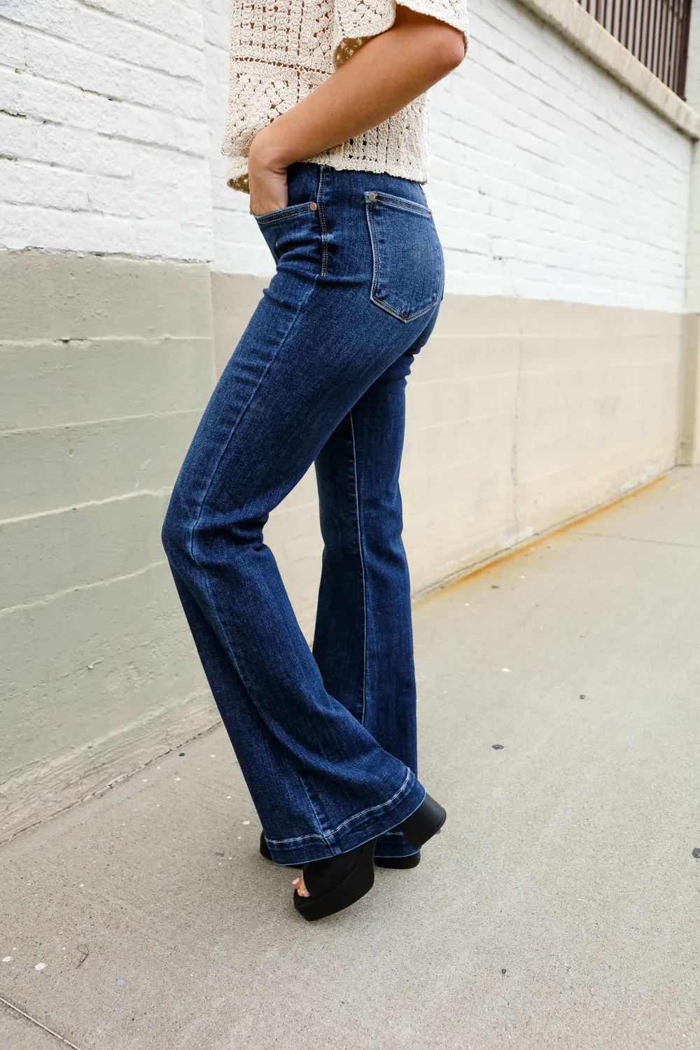 Judy Blue High Rise Trouser Flare Dark Wash Denim Jeans - Online Only!