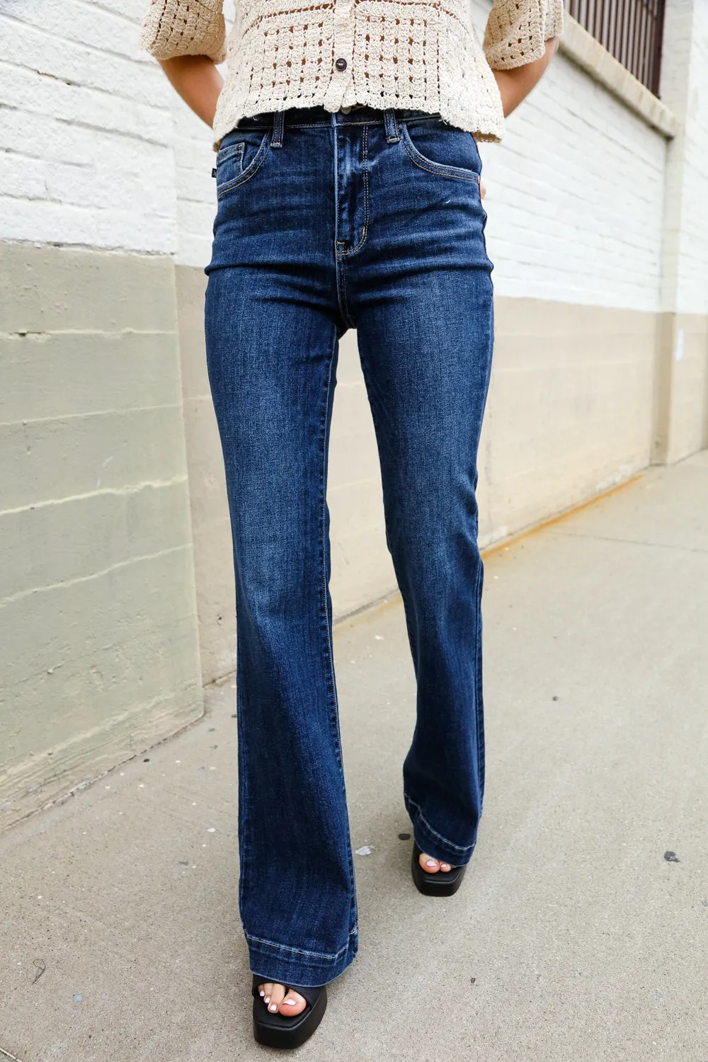Judy Blue High Rise Trouser Flare Dark Wash Denim Jeans - Online Only!
