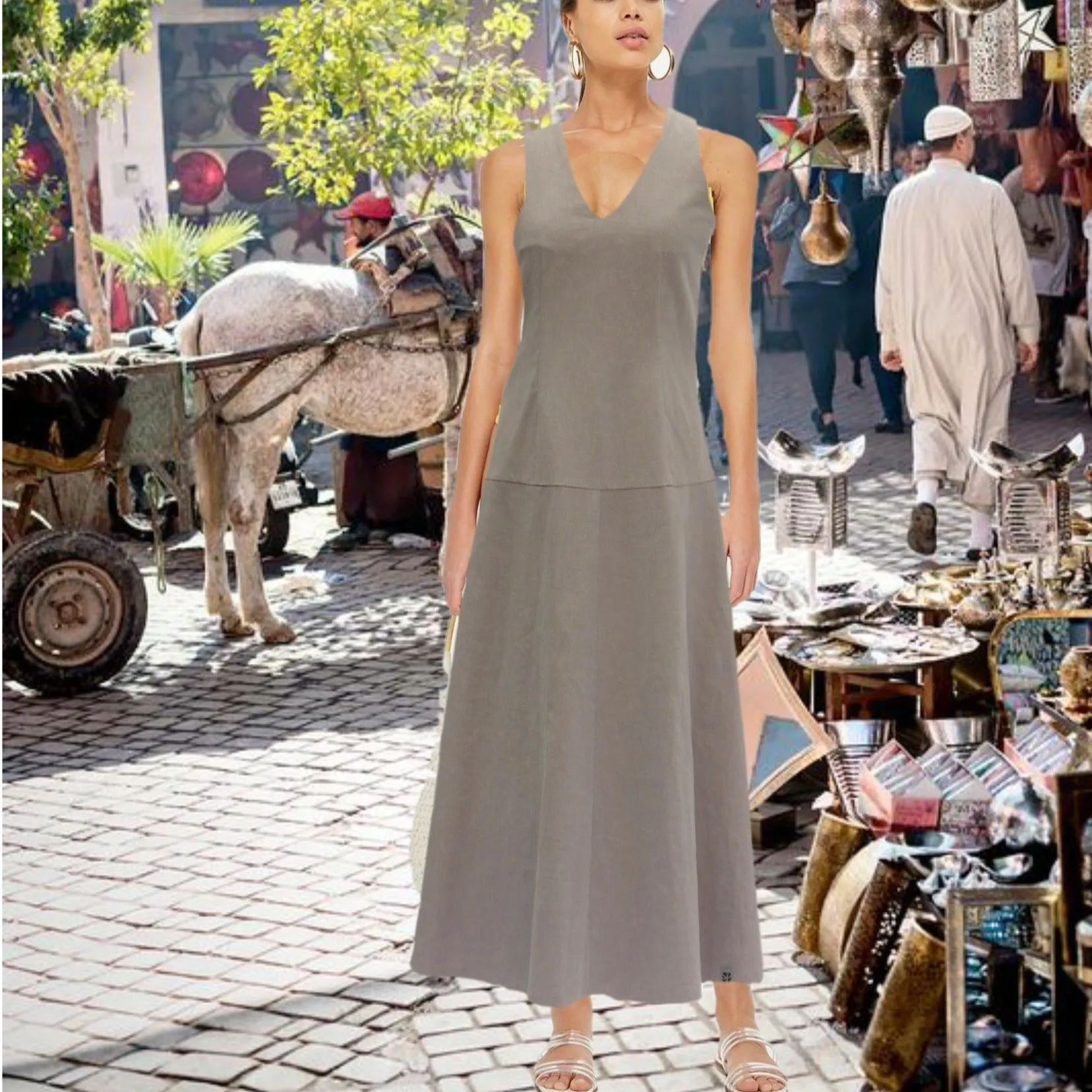 Linnen maxi jurk met V hals, Linen maxi dress with V neck