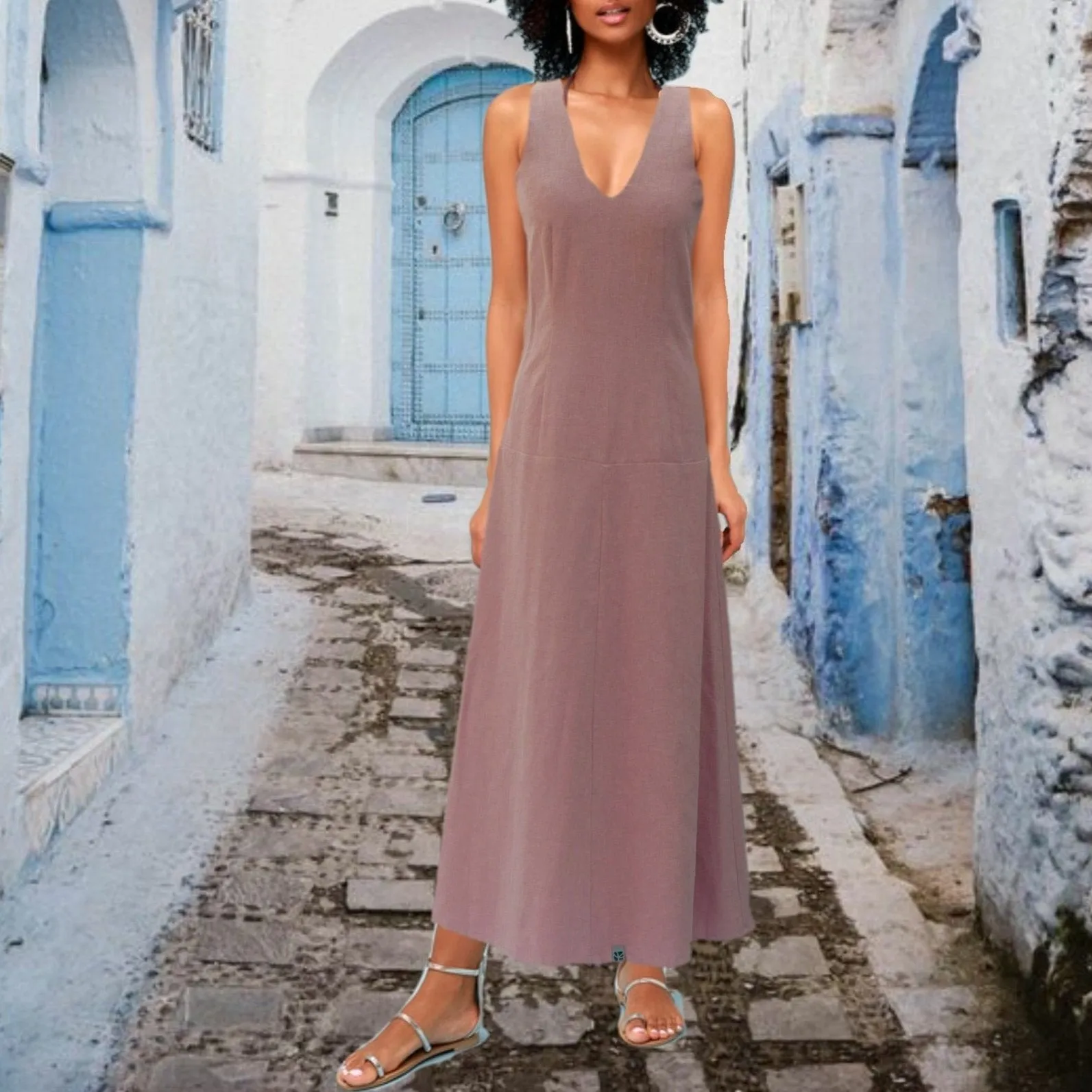 Linnen maxi jurk met V hals, Linen maxi dress with V neck