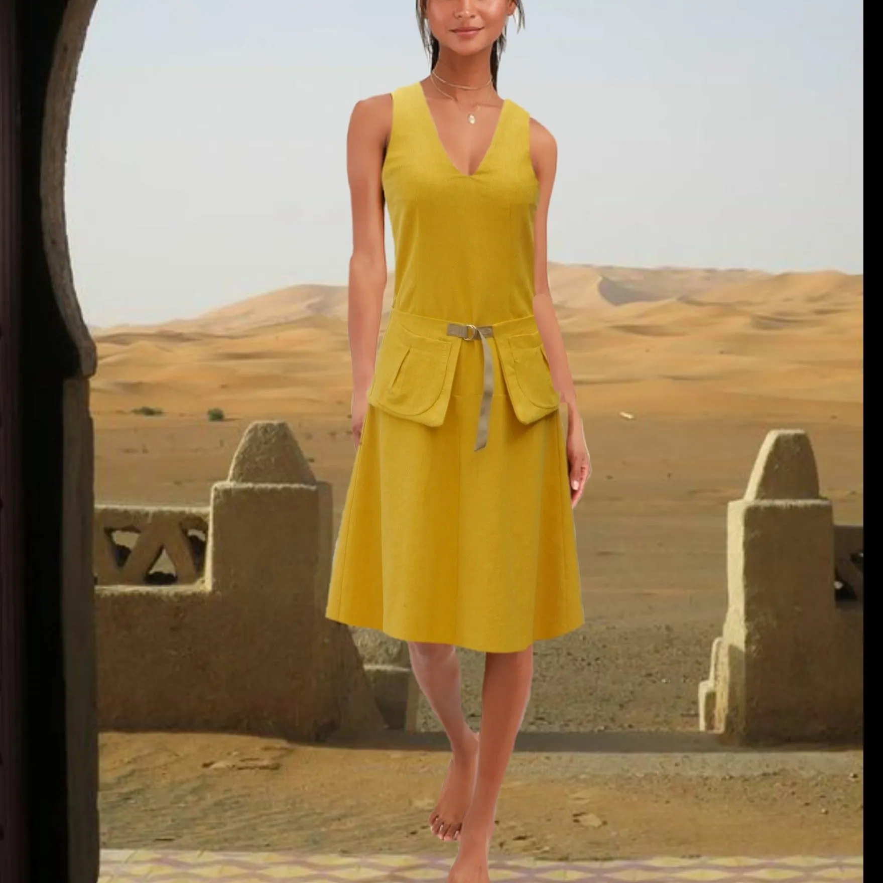 Linnen zomer jurk met losse heupband, Linen summer dress with separate belt