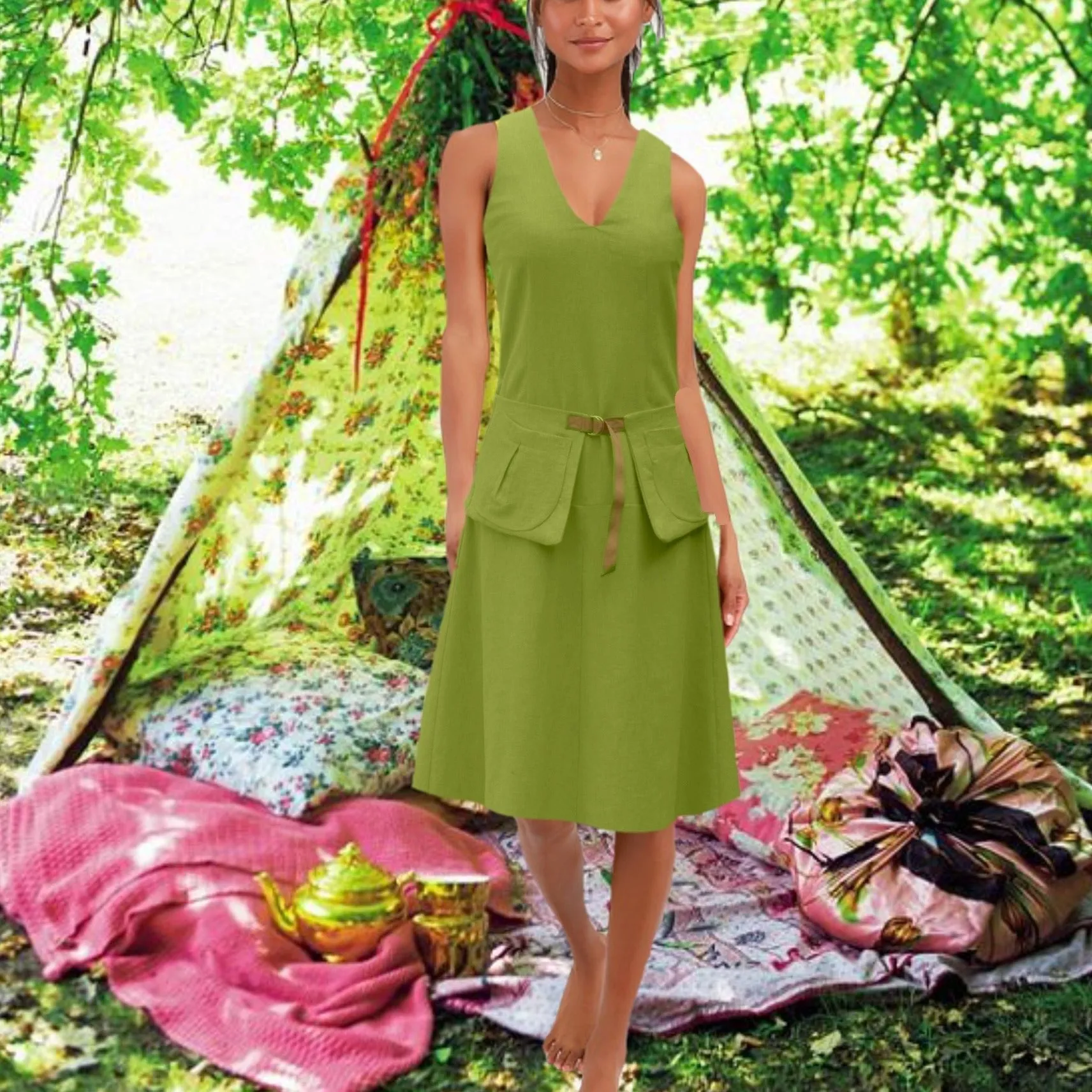 Linnen zomer jurk met losse heupband, Linen summer dress with separate belt