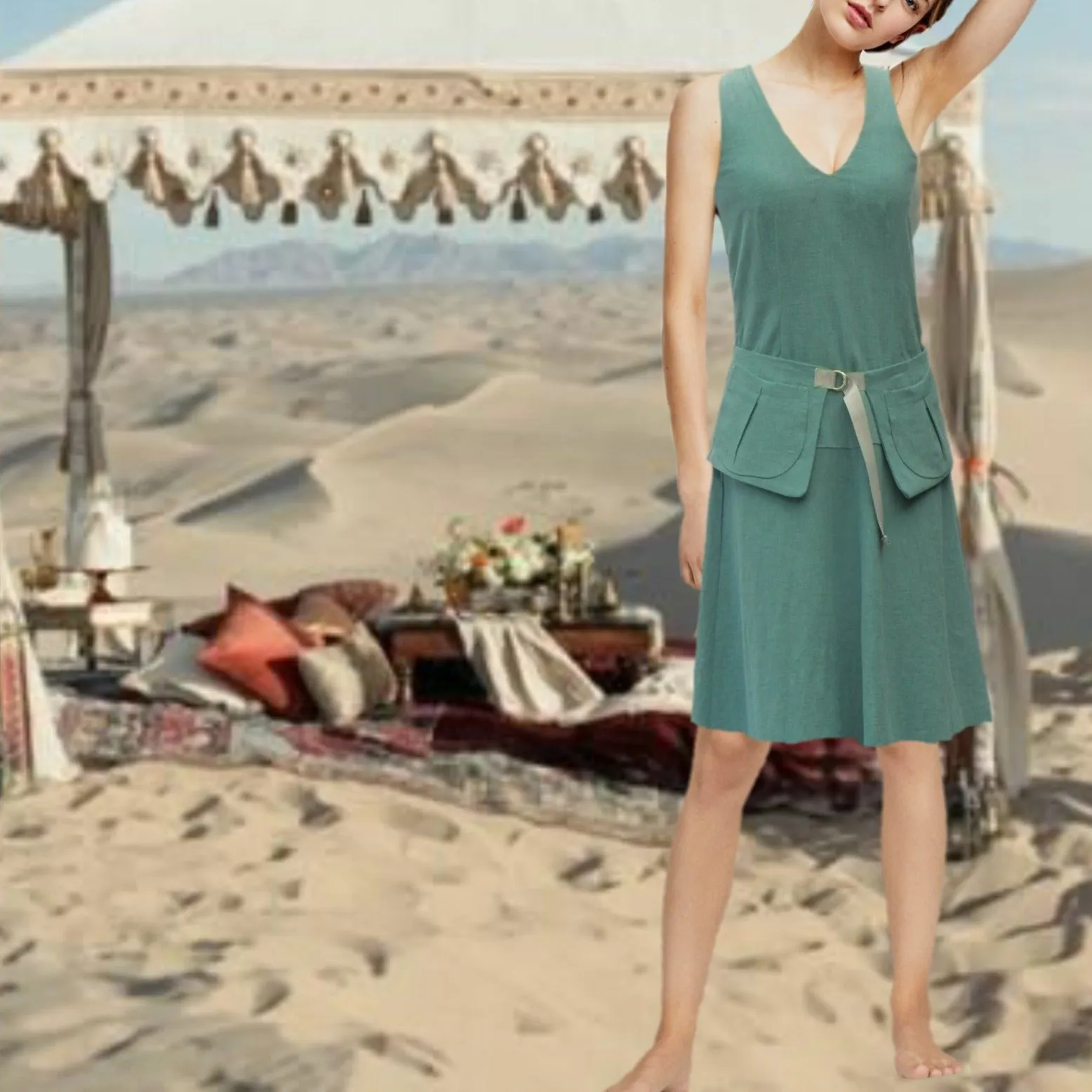 Linnen zomer jurk met losse heupband, Linen summer dress with separate belt