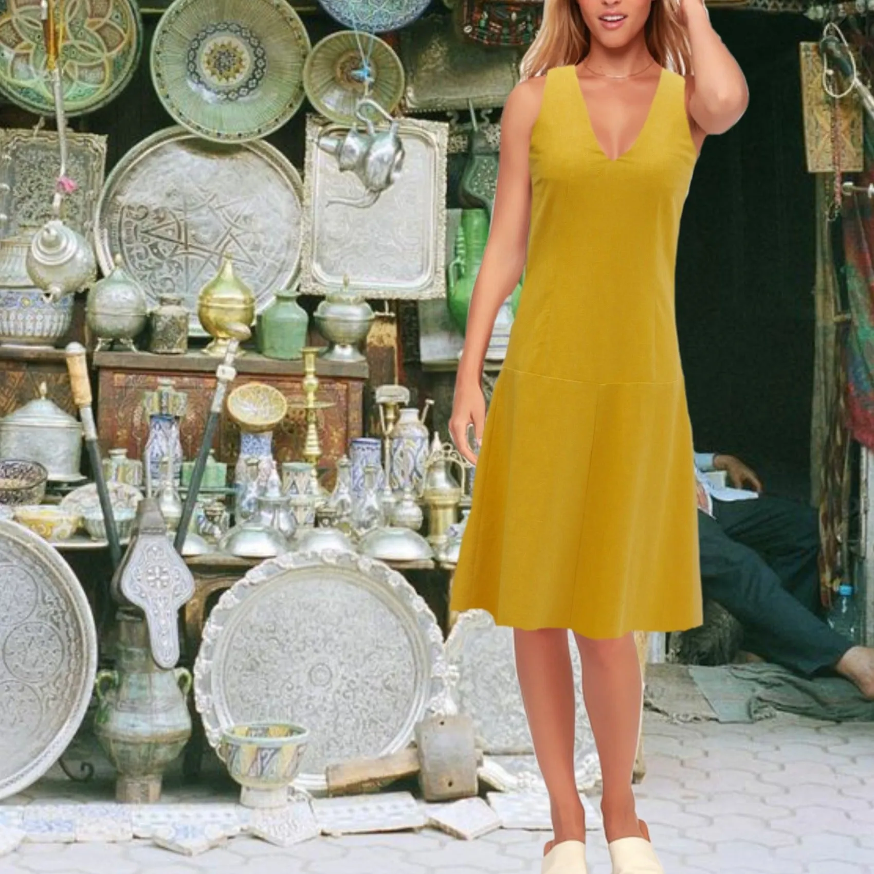 Linnen zomer jurk met V hals, Linen summer dress with V neck