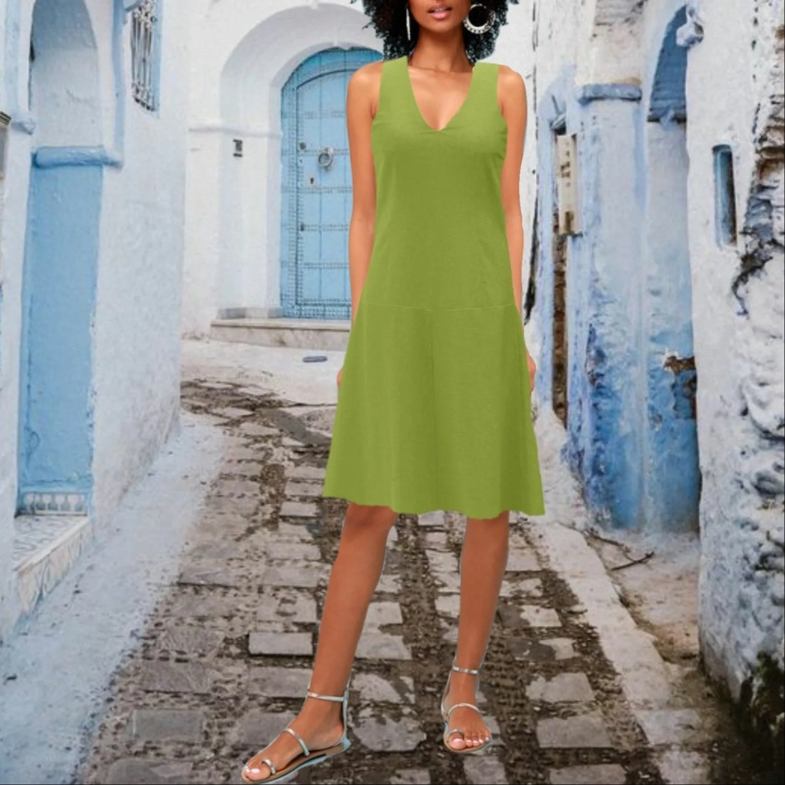 Linnen zomer jurk met V hals, Linen summer dress with V neck