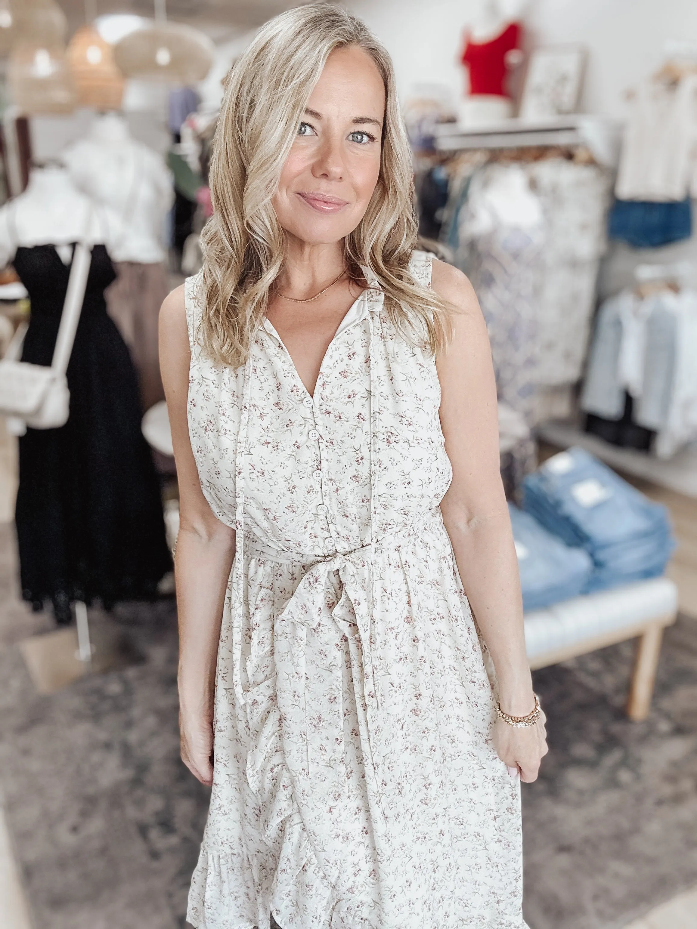 Meadow Breeze Floral Sleeveless Ruffle Asymmetrical Hem Dress