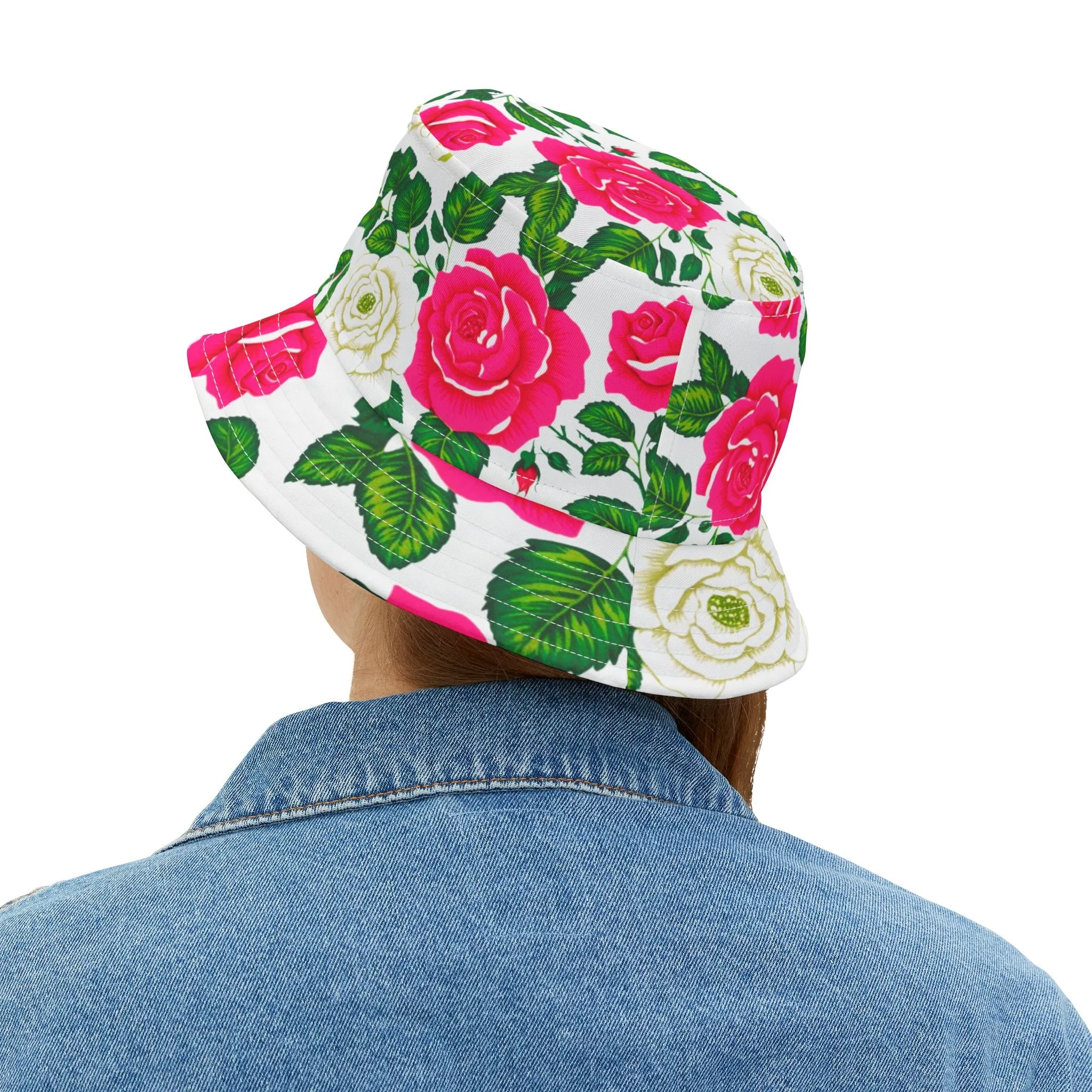 Pink and Green Cabbage Roses Floral Bucket Hat (AOP)