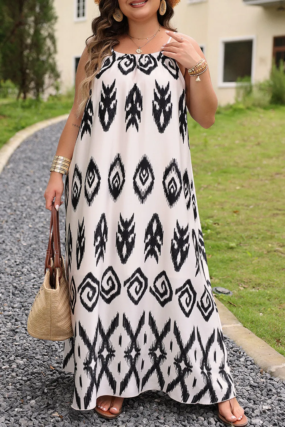 Plus Size Boho Ikat Print Maxi Dress