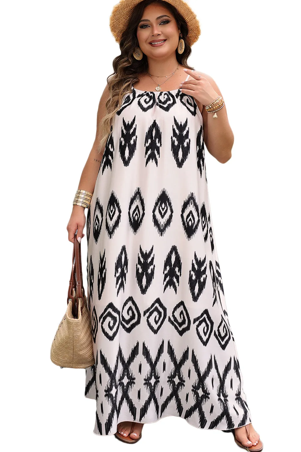 Plus Size Boho Ikat Print Maxi Dress