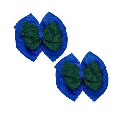 School Hair Accessories Double Bella Hair Bow 10cm - Royal Blue Base & Centre Ribbon (24 colours top)