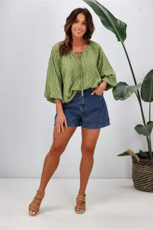 Shine On Label Penelope Puff Sleeve Blouse  Sage Green