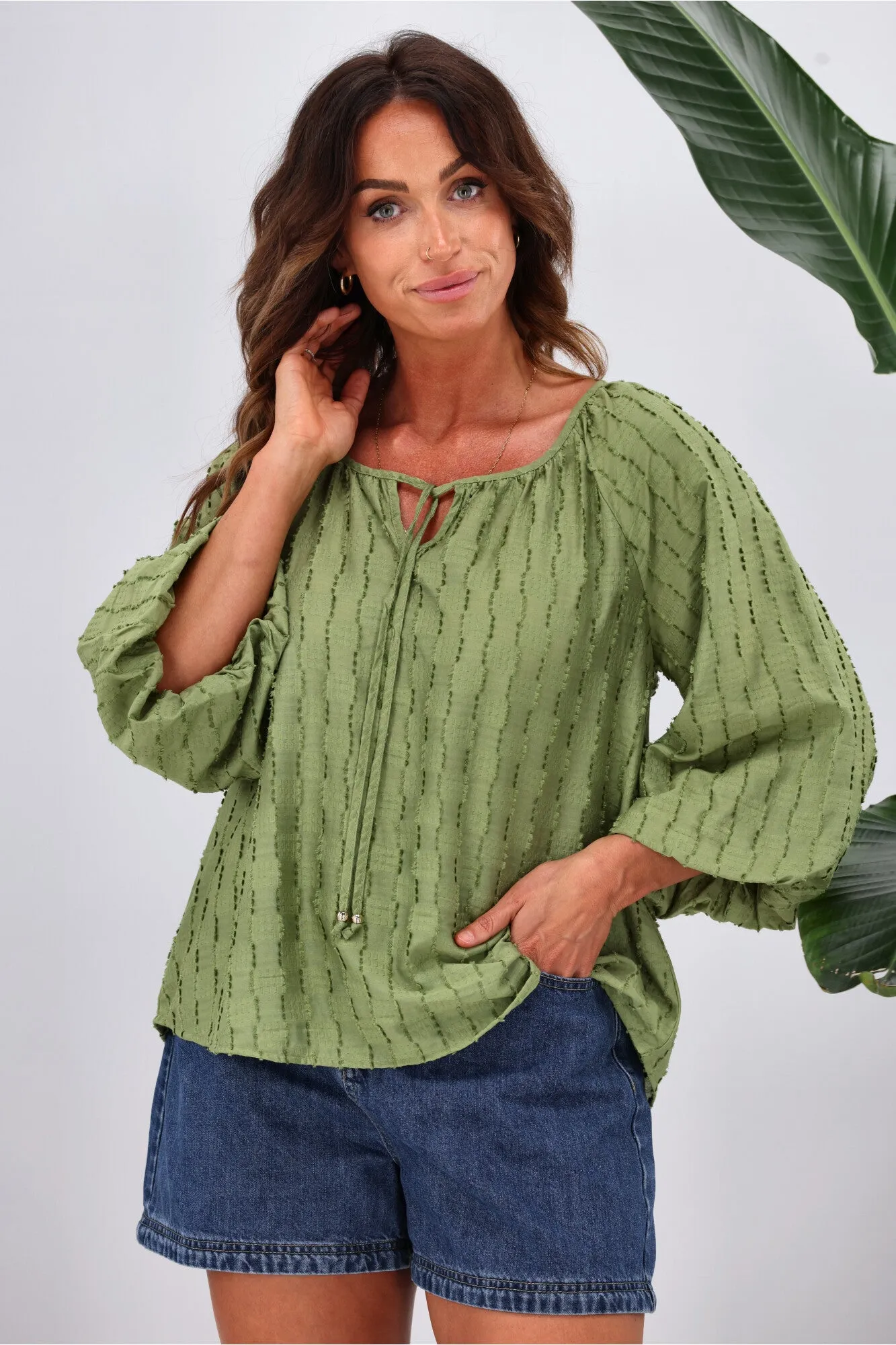 Shine On Label Penelope Puff Sleeve Blouse  Sage Green