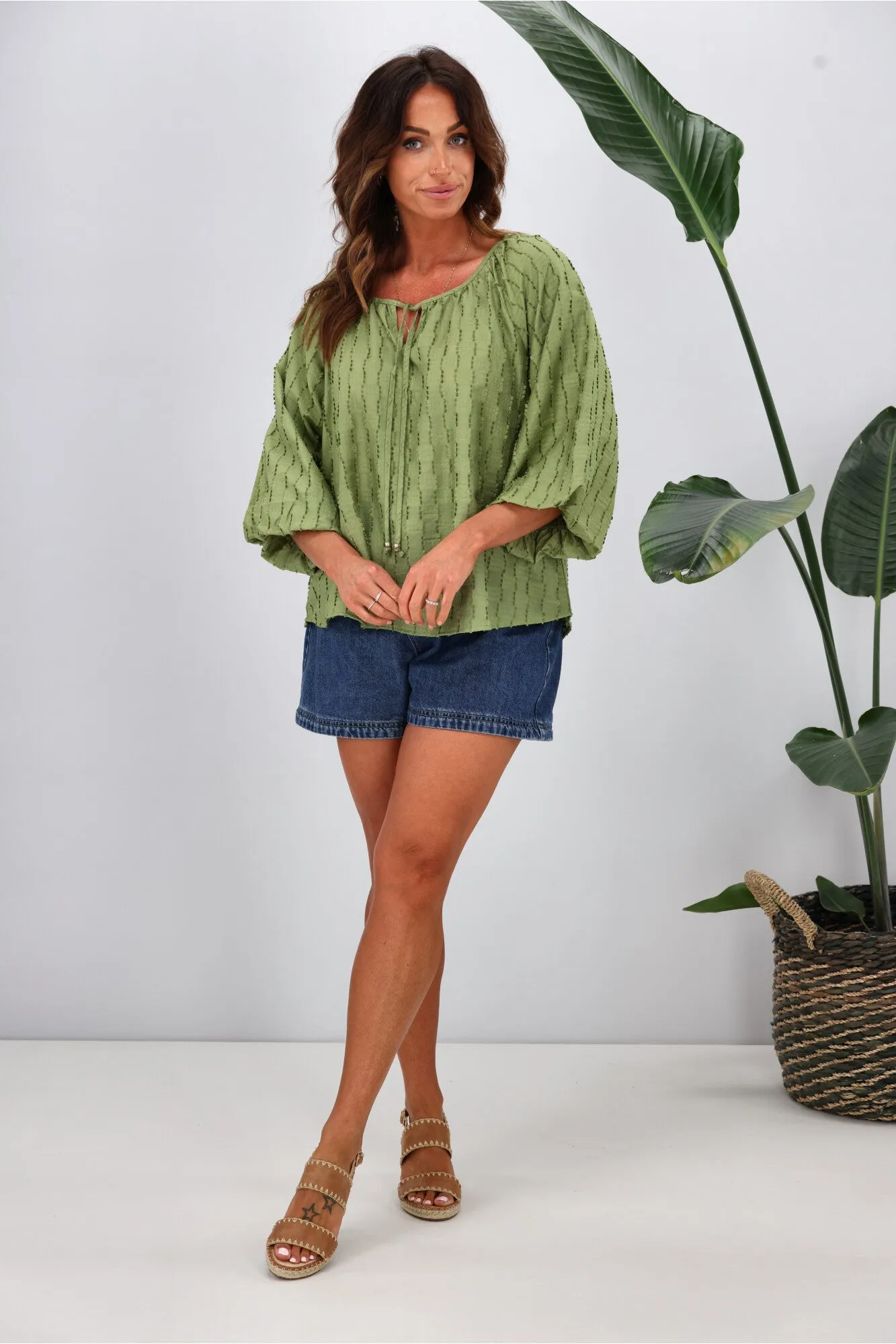 Shine On Label Penelope Puff Sleeve Blouse  Sage Green