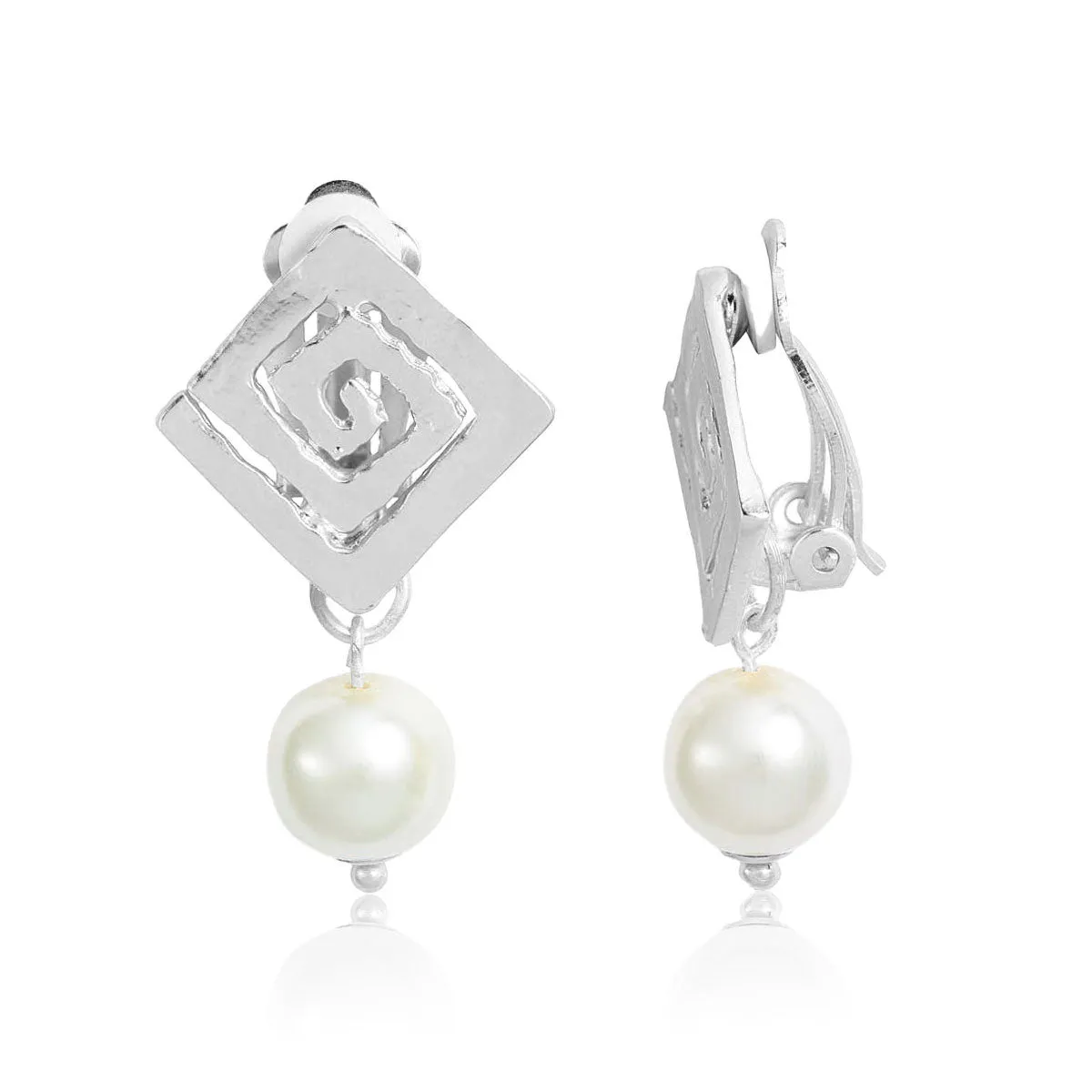 Square Spiral X Pearl Clip Earrings