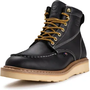SUREWAY 6 in Mens Soft/Steel Toe Work Boots for Men-Full Grain Leather,Goodyear,Non-Slip EH Safety Industial Construction Wedge Moc Toe Work Boots/Shoes,Soft Toe Black,Size 9.5