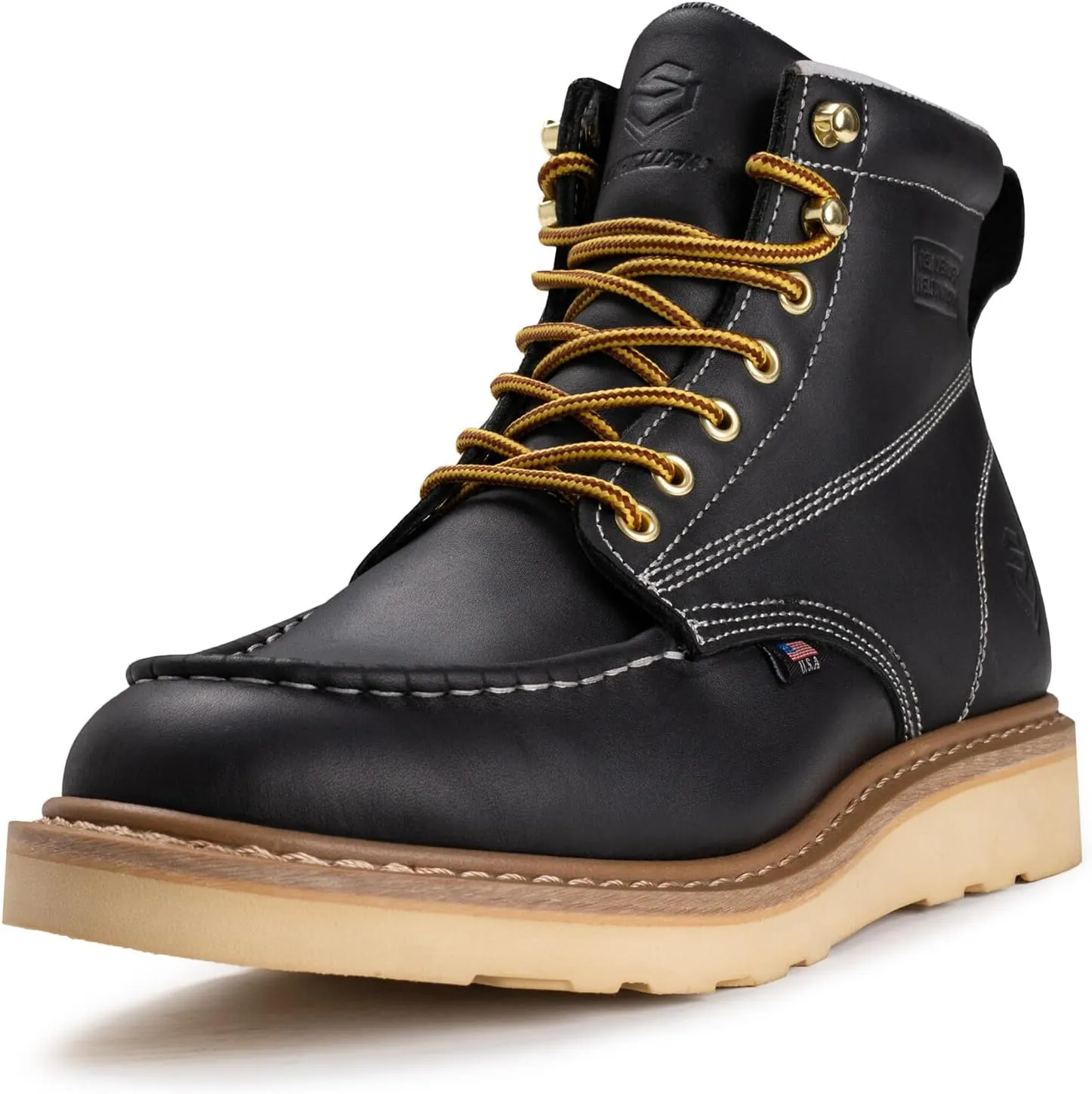 SUREWAY 6 in Mens Soft/Steel Toe Work Boots for Men-Full Grain Leather,Goodyear,Non-Slip EH Safety Industial Construction Wedge Moc Toe Work Boots/Shoes,Soft Toe Black,Size 9.5