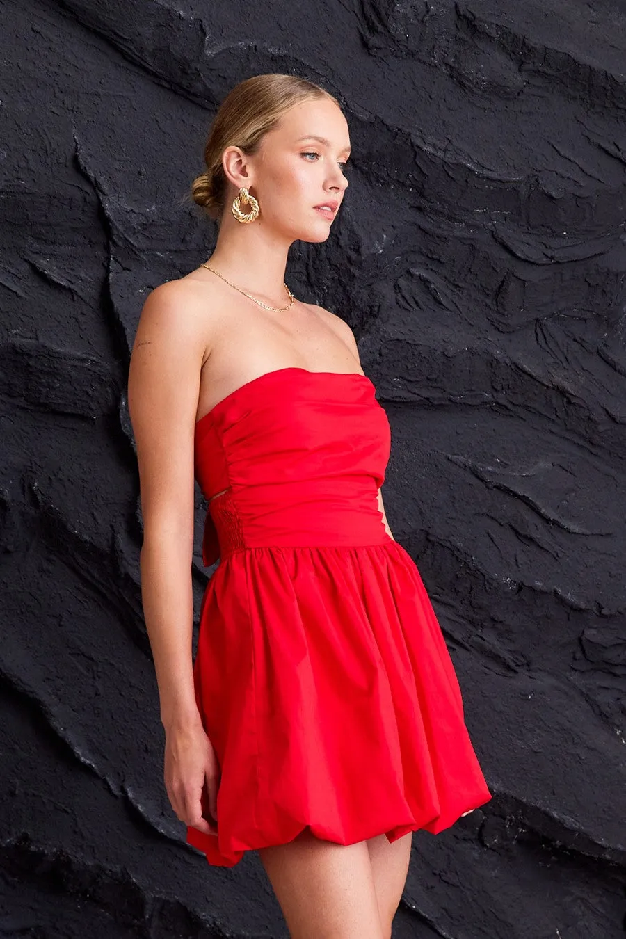Take me Bubble strapless mini dress- white- red