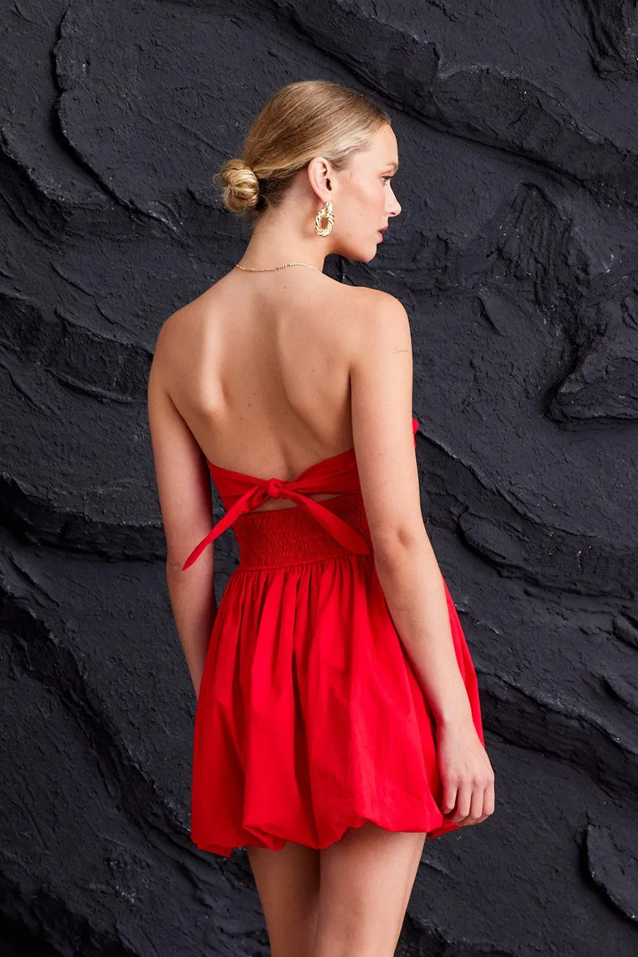 Take me Bubble strapless mini dress- white- red