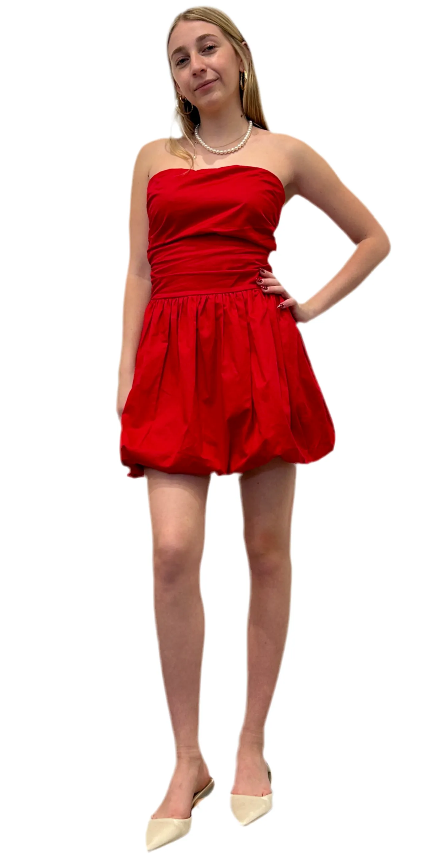 Take me Bubble strapless mini dress- white- red