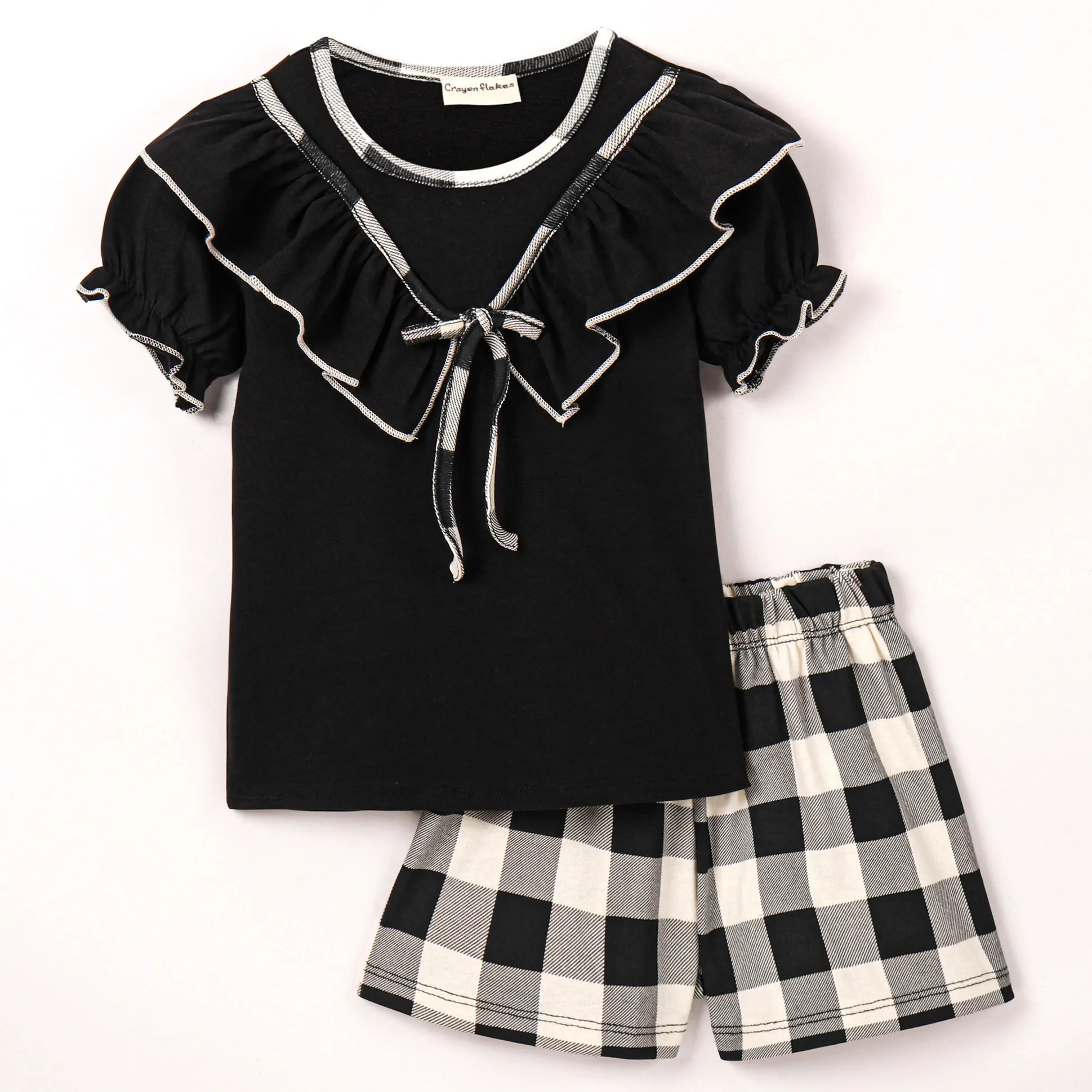 V shape Frill Bow Top Checkered Short Set