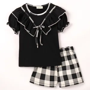 V shape Frill Bow Top Checkered Short Set