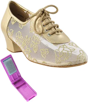 Very Fine Dance Shoes - Ladies Practice, Cuban Low Heel Ballroom Dance Shoes - 2002-1.5-inch Heel and Foldable Brush Bundle - Light Gold Leather - #79 Mesh - 6