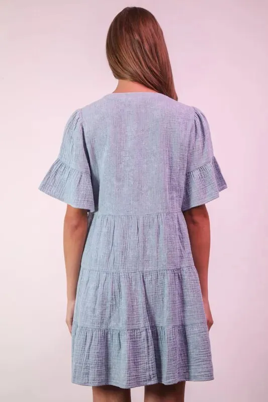 VERY J Mineral Washed Baby Bell Sleeve Woven Mini Dress