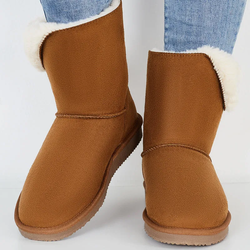Winter Snow Boots Mid Calf Warm Fur Lined Boots Slip on Booties