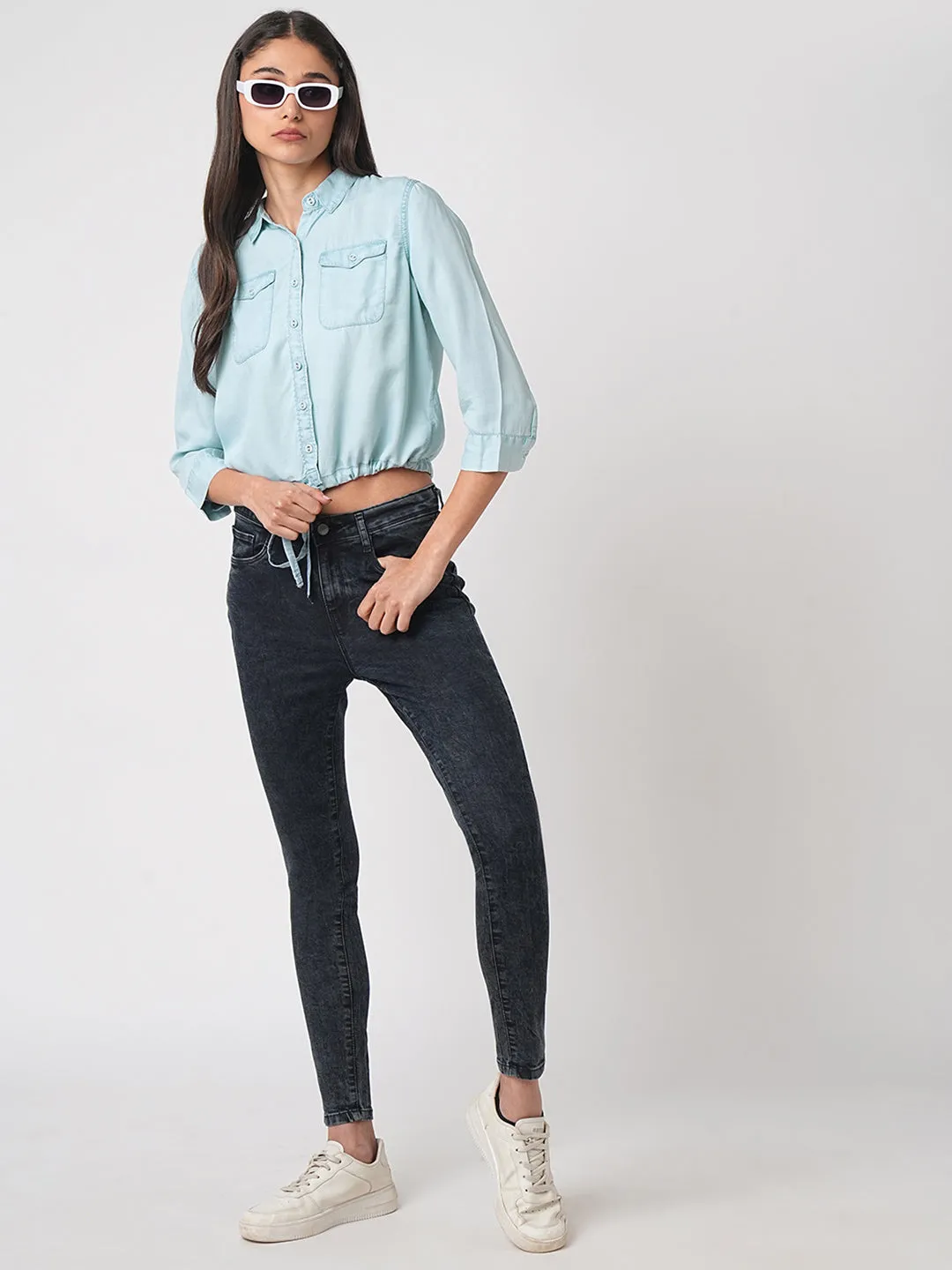 Women Denim Crop Tie-Up Shirt