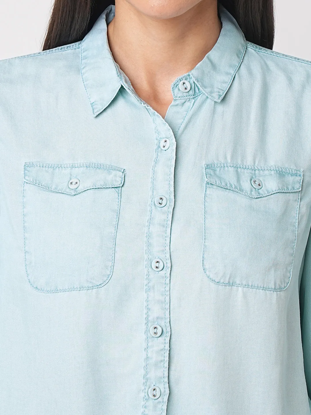 Women Denim Crop Tie-Up Shirt