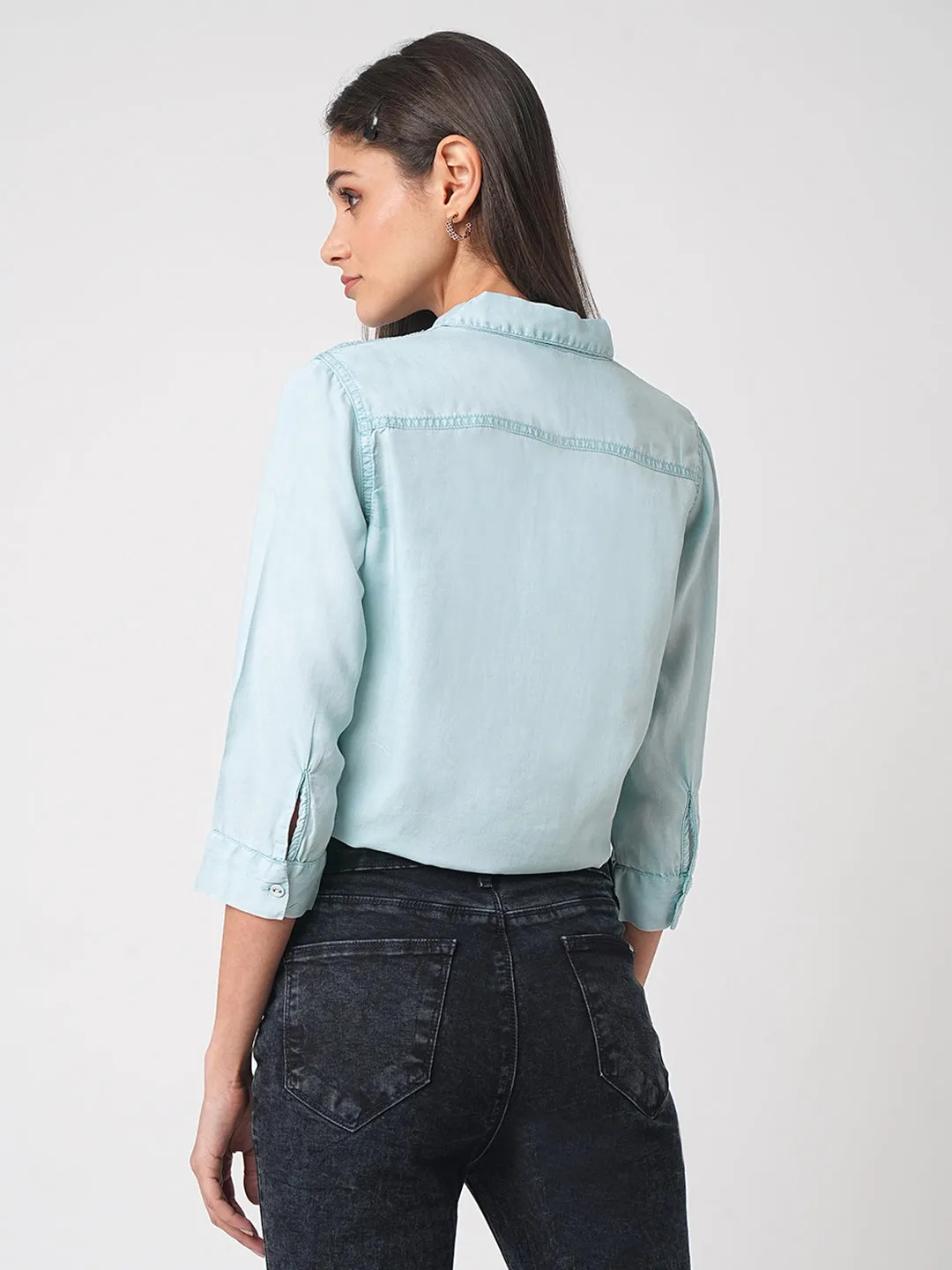 Women Denim Crop Tie-Up Shirt