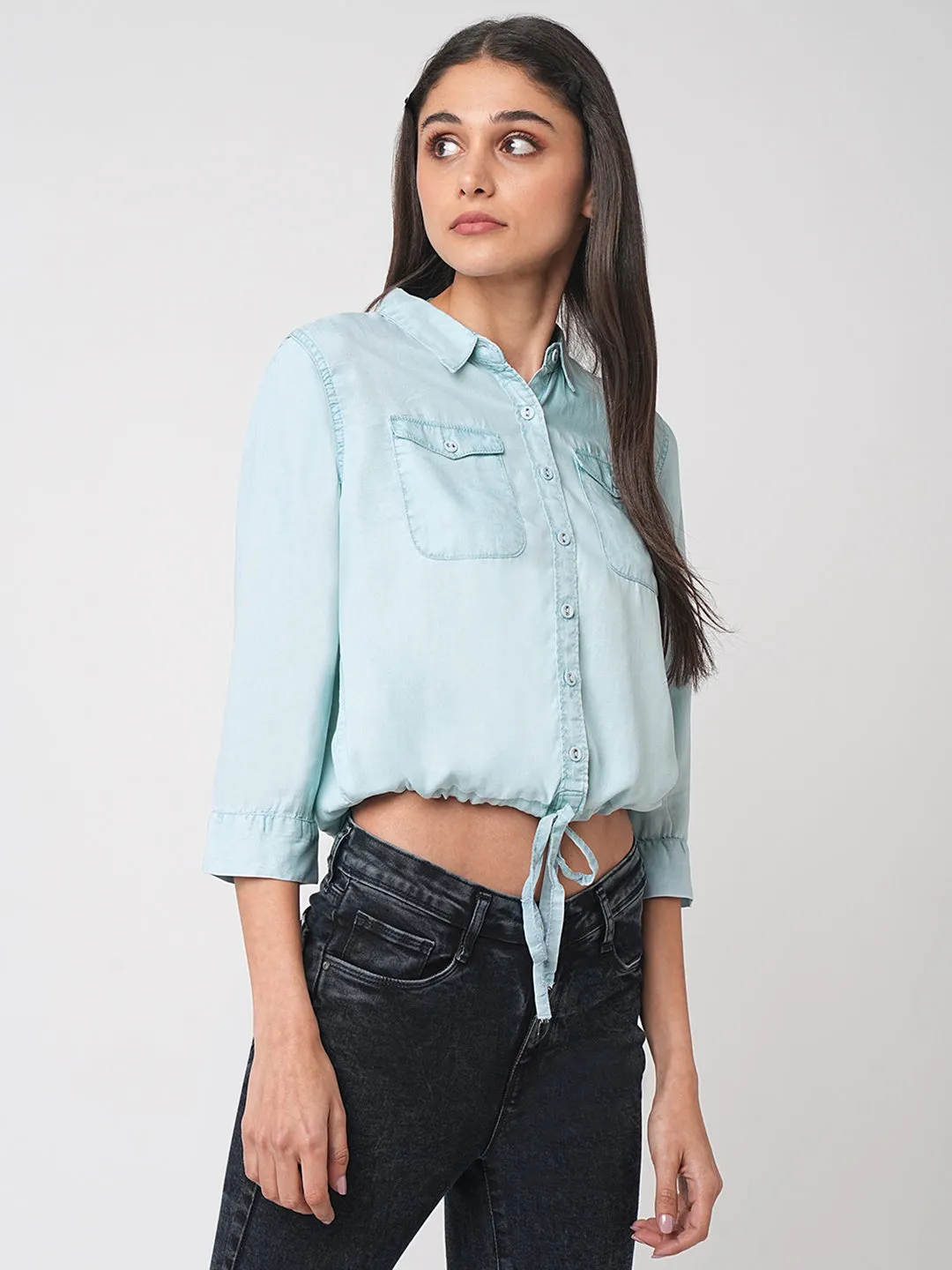 Women Denim Crop Tie-Up Shirt