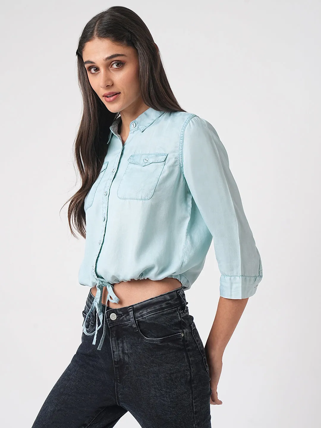 Women Denim Crop Tie-Up Shirt