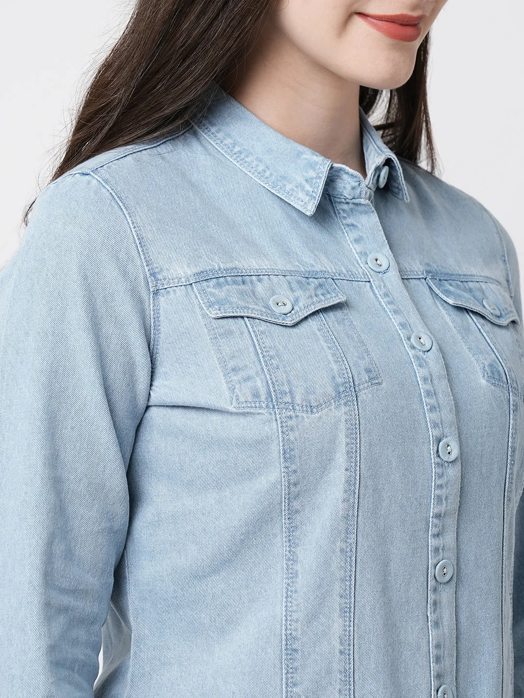 Women Light Blue Denim Long Sleeves Shirt