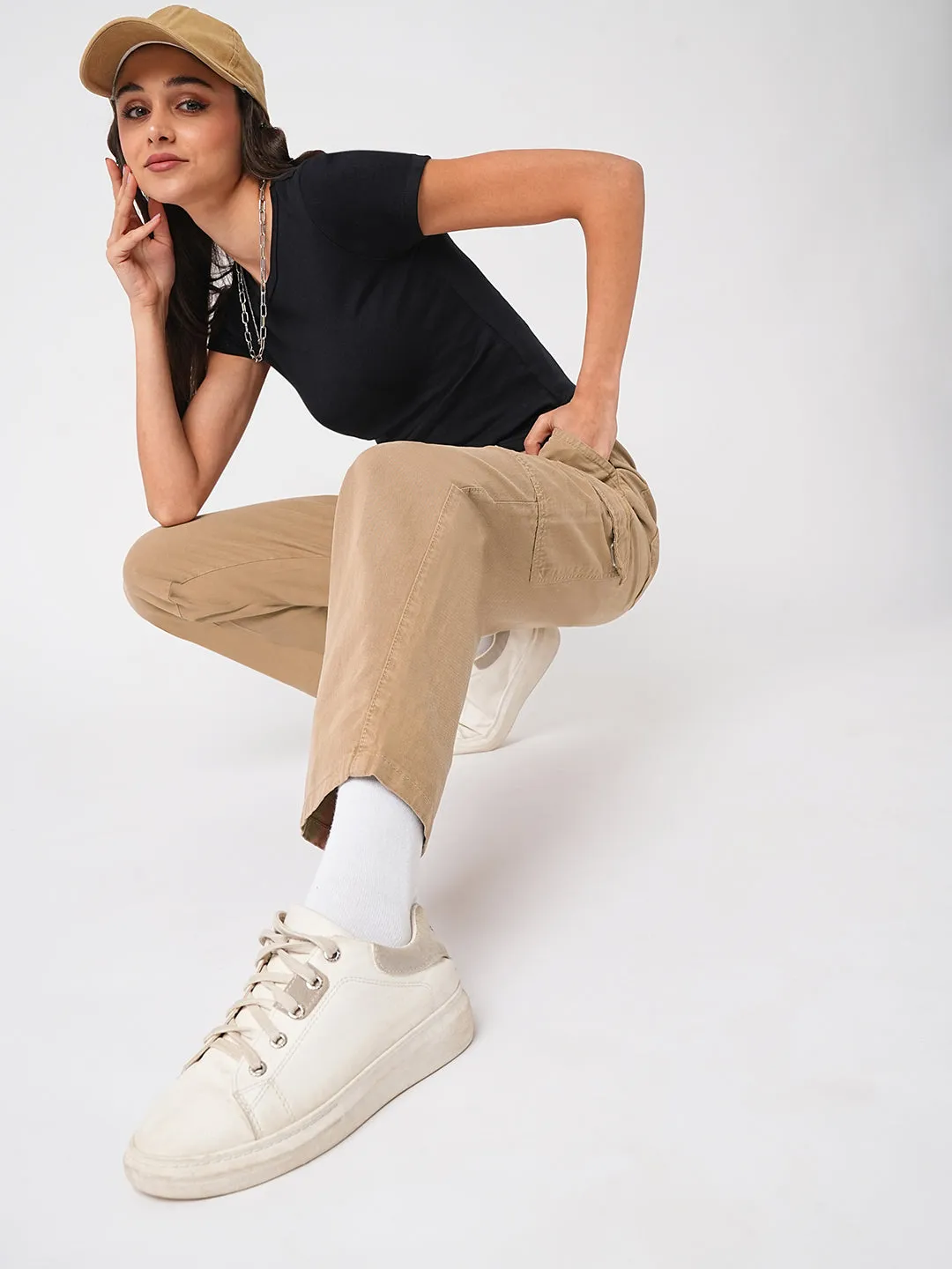Women Light Brown High-Rise Cargo