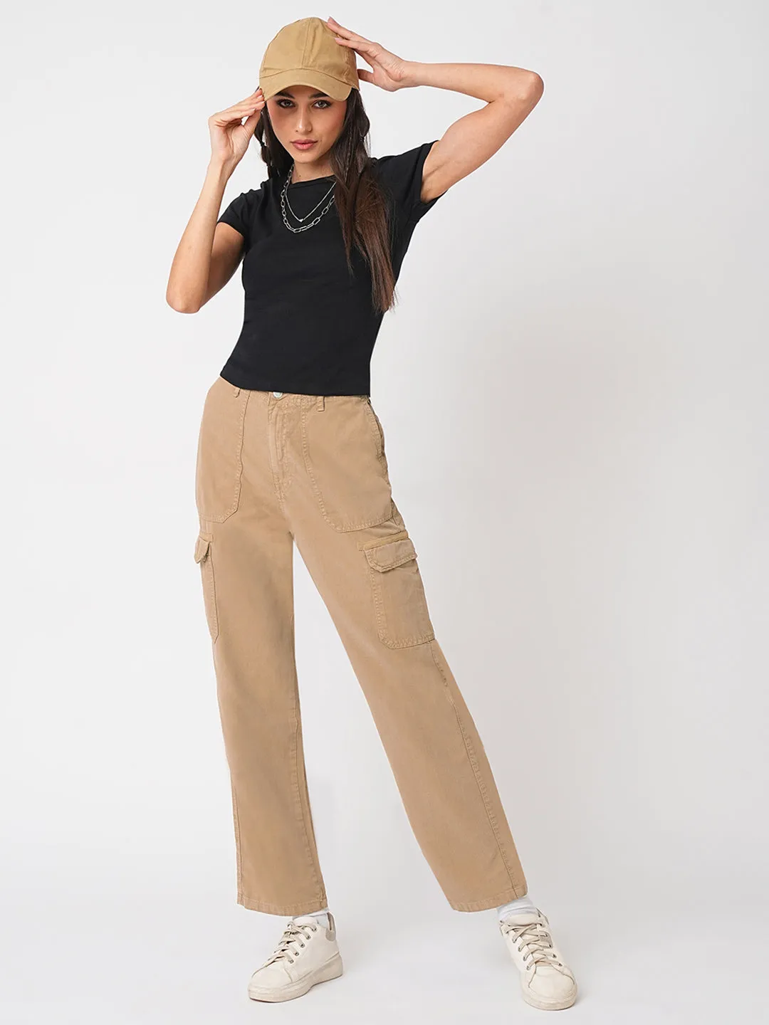 Women Light Brown High-Rise Cargo