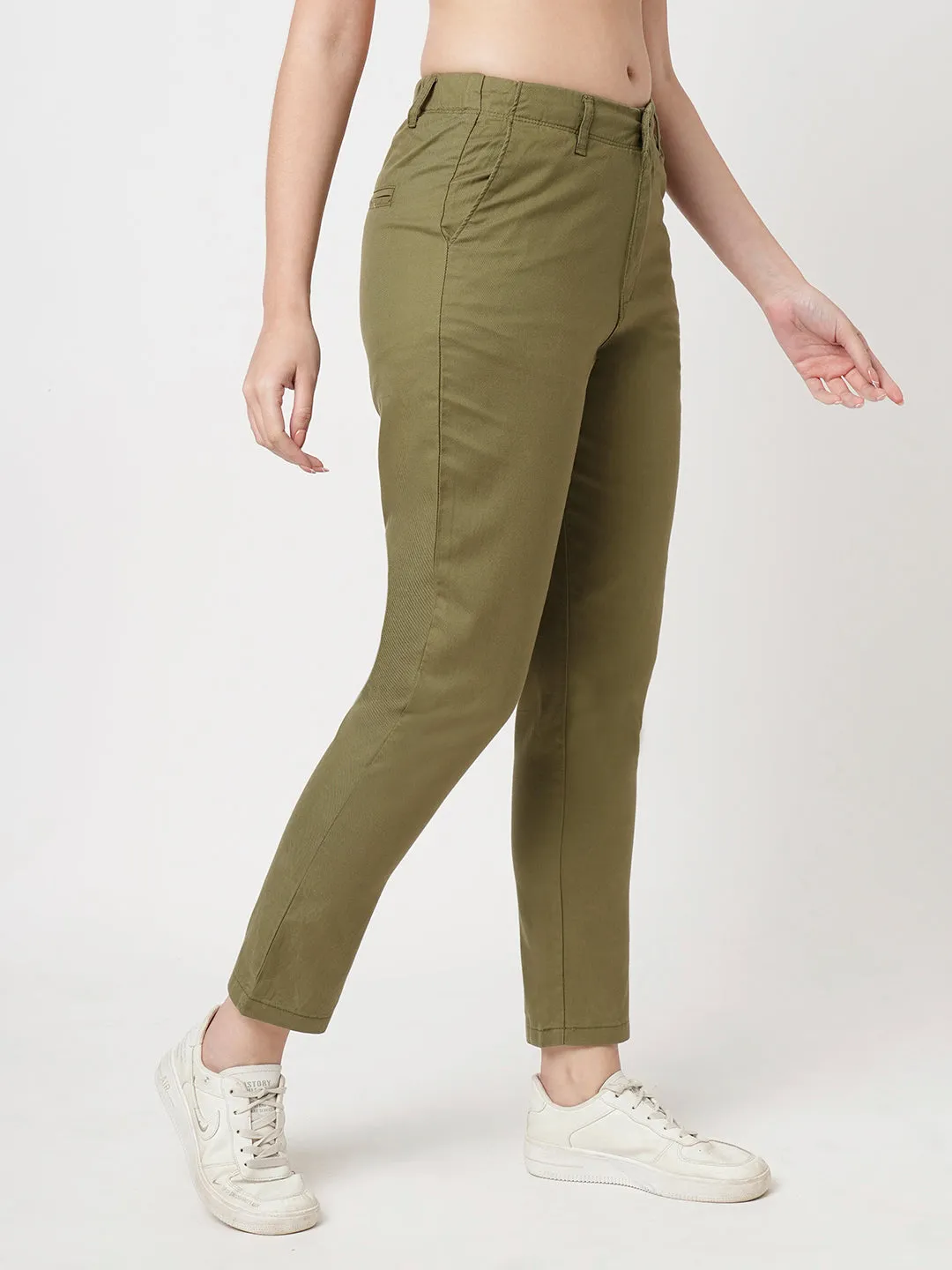 Women Light Olive Mid-Rise Slim Fit Trouser