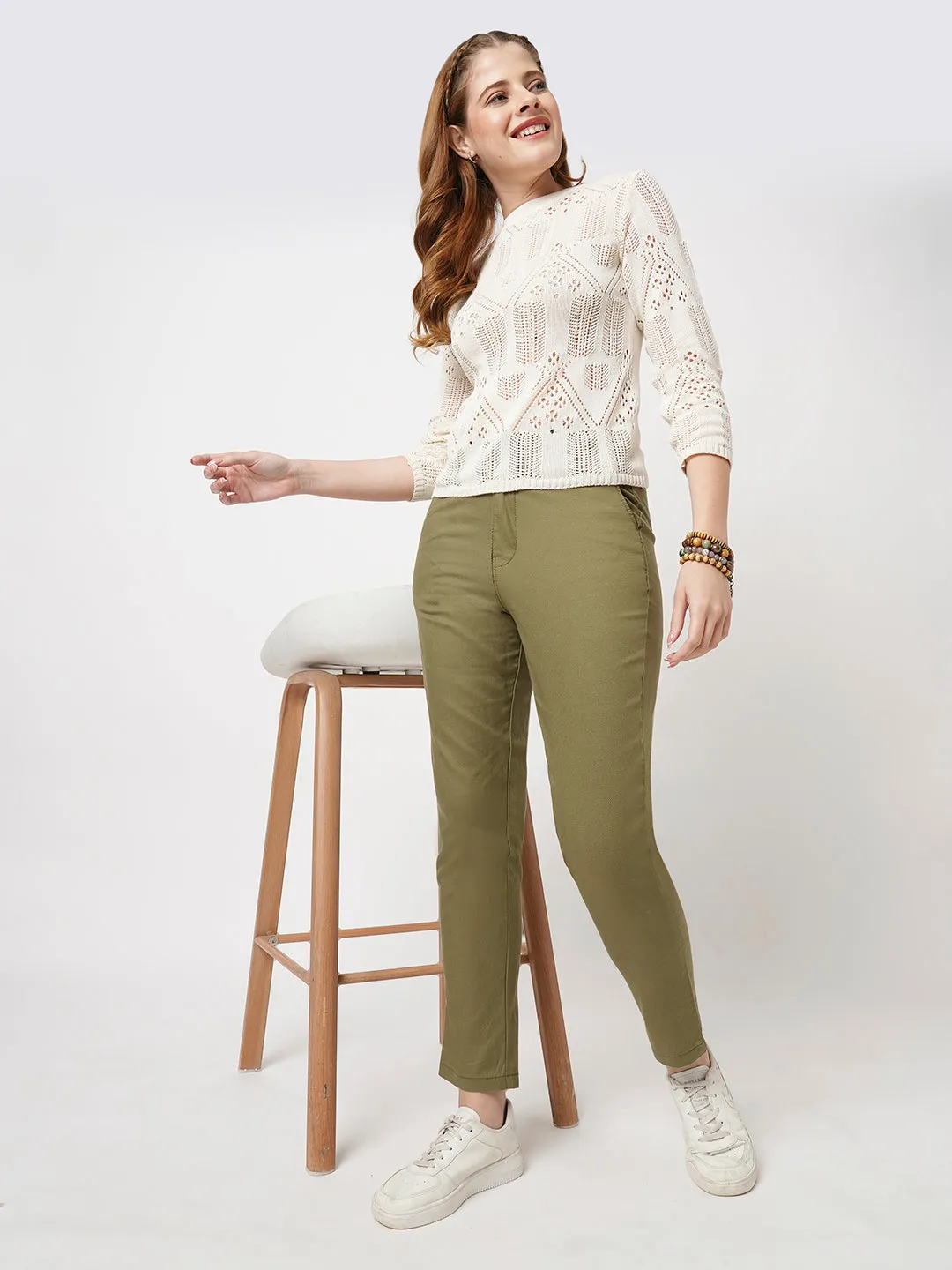 Women Light Olive Mid-Rise Slim Fit Trouser