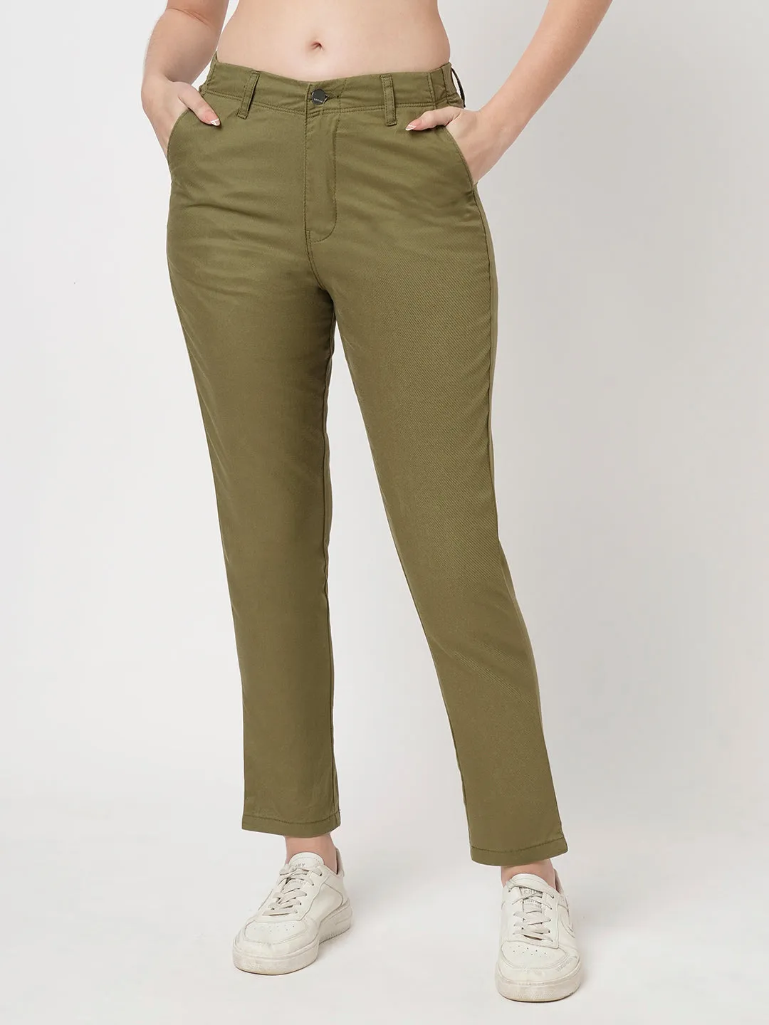 Women Light Olive Mid-Rise Slim Fit Trouser