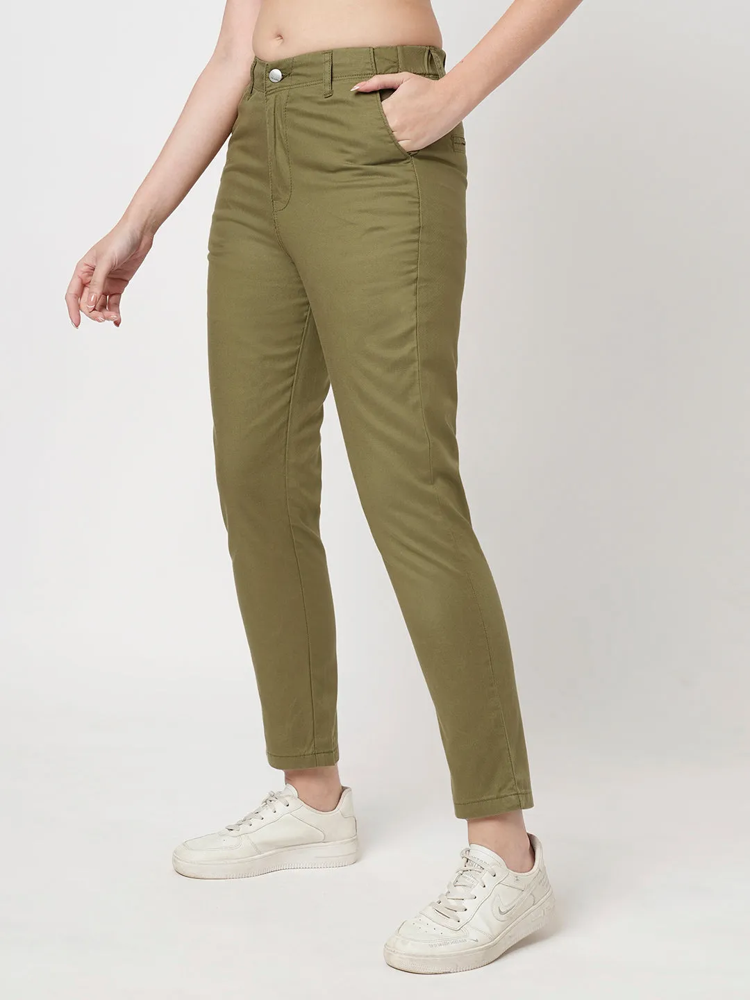 Women Light Olive Mid-Rise Slim Fit Trouser