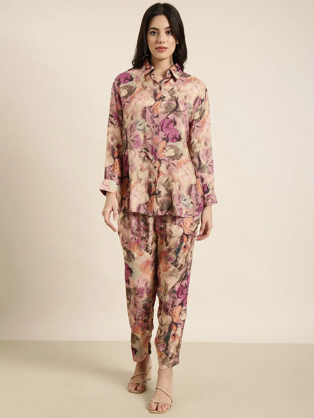 Women Oversized Multicolor Printed Shirt & Trousers Set